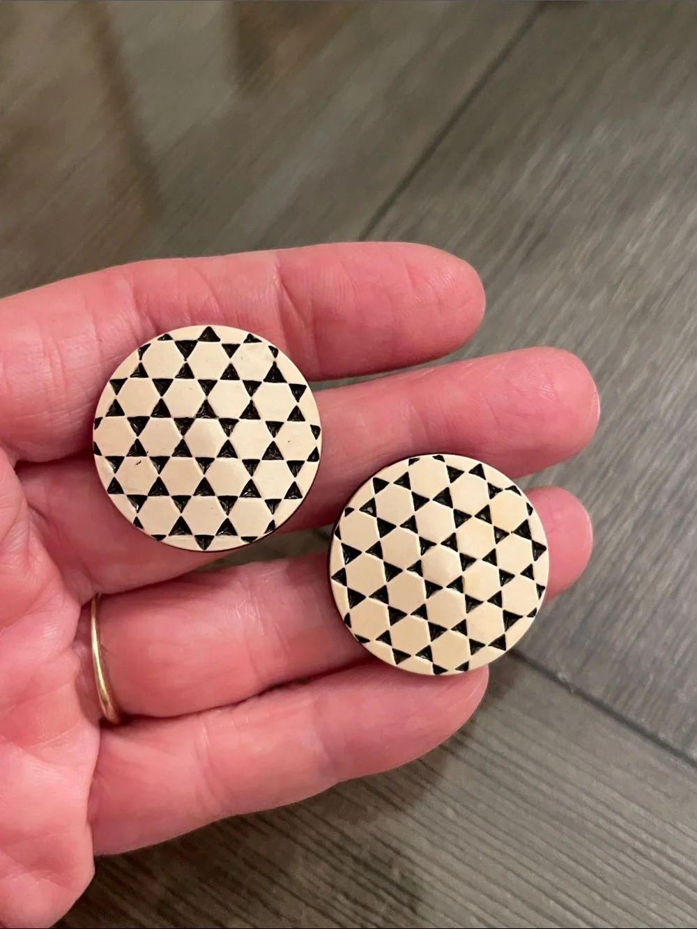 Vintage Round Button Clip Earrings with Geometric Pattern